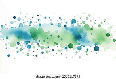 Fundo de splash de aquarela vibrante. Design de vetor artístico mistura dinâmica de tons azuis e verdes efeito sonhador e etéreo. AVC fluido e manchas delicadas tranquilidade e serenidade