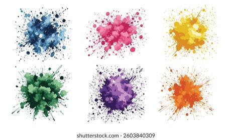 A vibrant watercolor splash set featuring blue, pink, yellow, green, purple, and orange hues. Perfect for artistic designs, backgrounds, invitations, and creative projects.