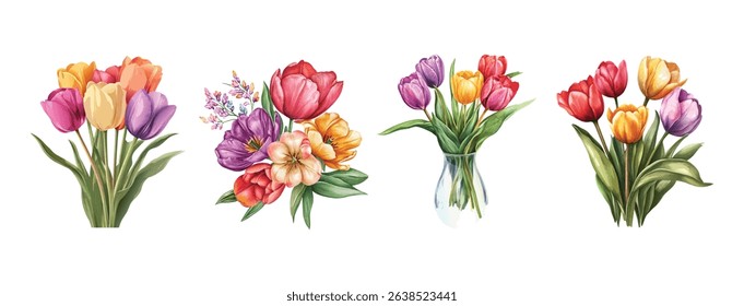 Vibrant Watercolor Tulip Bouquets Spring Floral Arrangements