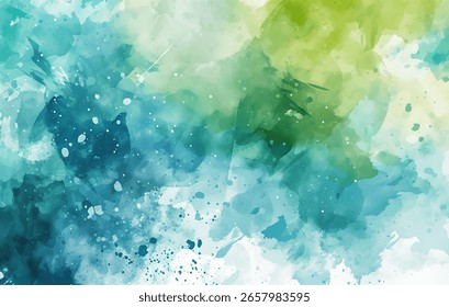 El vibrante fondo de Vector de acuarela muestra un ambiente de playa soleado con salpicaduras de azul y verde. Evoca sentimientos de relajación y tranquilidad, ideal para temas frente a la playa.