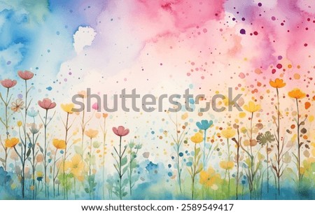 A vibrant watercolor vector background showcases a field of flowers in various shades. Splash of colors creates an abstract design that exudes an artistic and tranquil atmosphere, inviting relaxation