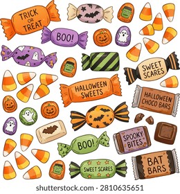 A vibrant watercolor vector collection of diverse Halloween candies, featuring wrappers with spooky text like Trick or Treat, Boo!, Spooky Bites, and Bat Bars, surrounded by candy corn, frankenstein sweets, and pumpkins.