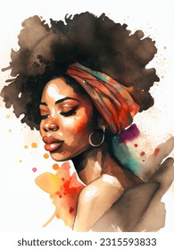 Vibrant watercolor vector illustration of young African woman. Abstract brushstrokes and myriad of colors. Textured beauty of skin and the intricate patterns of headscarf, cultural heritage svg