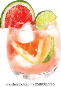 Vibrant watercolor vector illustrations cocktail with lime and grapefruit for a refreshing festive drink
