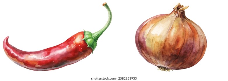 Vibrant watercolor vegetables, red chili pepper, brown onion, fresh produce illustration, culinary art, food design.