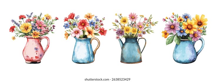 Vibrant Watercolor Wildflower Bouquets in Rustic Pitchers