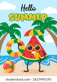 Vibrant watermelon on sandy beach perfect for summer concepts, tropical themes, refreshing food, beach picnics, and fruit advertisements.