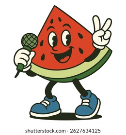 Vibrant watermelon slice character singing into a microphone, flashing a peace sign, perfect for summer festivals, music events, and fruity branding concepts.