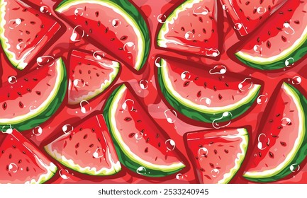 Vibrant Wassermelone Slice Pattern - Frische und saftige Frucht Illustration mit spritzenden Wassertropfen.