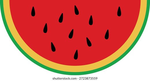 Ilustração de vetor de fatia de melancia vibrante. Design plano minimalista com um interior vermelho, sementes pretas e casca verde isolada sobre fundo branco. Gráfico de frutas de verão refrescante para marca de barra de suco, decoração de cozinha e corte de vinil.