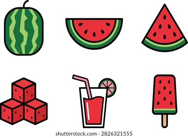 Vibrant watermelon vector graphic set featuring stylized sliced fruit wedges refreshing juice drinks square cubes and delicious ice cream popsicles designed with bold clean lines for modern summer creative projects.