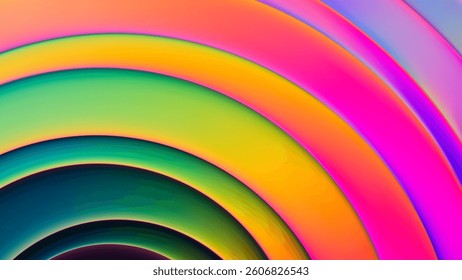 Vibrant wave of colors with smooth curved lines and soft neon futuristic gradients. Colorful radial dynamic layered curves in vibrant neon shades with energetic color flow and glowing modern aesthetic