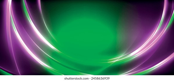 A vibrant wave of green and purple liquid, reminiscent of electric blue and magenta colors, creating a stunning visual effect on a dark background