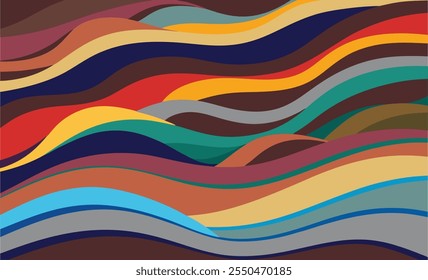 Um plano de fundo vibrante inspirado em ondas com linhas curvas fluídas em cores ricas como vermelho, azul, amarelo e verde, criando um design abstrato moderno e dinâmico.