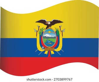 A vibrant waving flag of Ecuador, featuring prominent yellow, blue, and red horizontal stripes. The national coat of arms, with a condor, mountains, river, and ship, is centered.