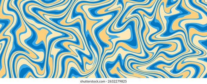 um padrão abstrato ondulado vibrante com tons de azul, creme e amarelo claro. O design em espiral e marmoreado dá uma sensação psicodélica, retrô e fluida.
