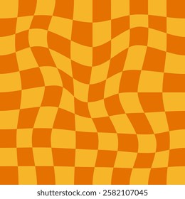 Vibrant Wavy Checkerboard Pattern in Warm Orange and Yellow Tones – Abstract Optical Illusion Background