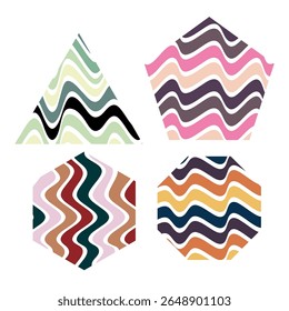 Padrões ondulados vibrantes em formas de triângulo, pentágono, hexágono e octógono com paletas de cores retrô e negrito. Ideal para fundos abstratos sem costura e uso de design moderno.