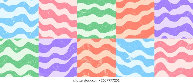 Vibrant Wavy Striped Retro Styled Seamless Pattern Set Vector Abstract Backgrounds. Bright Colored Funky Patterns. Grungy Textured Smooth Curved Bold Lines Psychedelic 60s Style Boundless Abstractions