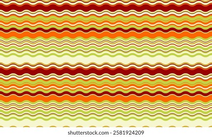 Vibrant wavy stripes in autumnal hues create a cheerful, retrostyled seamless pattern. Ideal for textiles, websites, packaging, and more.  Perfect for adding a touch of vintage charm to your designs.