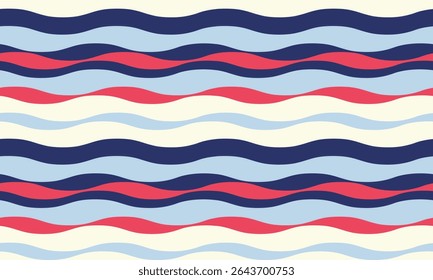 Vibrant wavy stripes in blue, red, and cream create a cheerful, summery pattern. Perfect for textile design, website backgrounds, or any project needing a playful, nautical vibe.