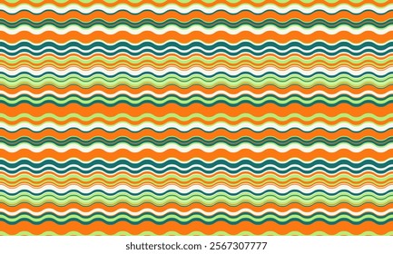 Vibrant wavy stripes pattern in teal, orange, and lime green.  Perfect for textile designs, website backgrounds, or summer-themed projects.  Seamless repeat texture offers endless possibilities