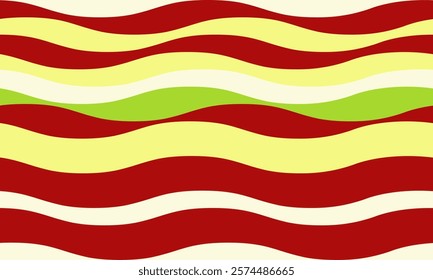 Vibrant wavy stripes in red, yellow, green  white.  Perfect for backgrounds, website design, or textile prints.  Bold, modern aesthetic. Ideal for adding a playful touch to your projects.