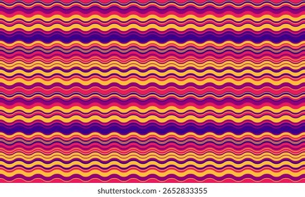 Bandas onduladas vibrantes em tons de pôr do sol criam um padrão energético e retroinspirado.  Perfeito para fundos do site, designs têxteis, ou marca divertida.