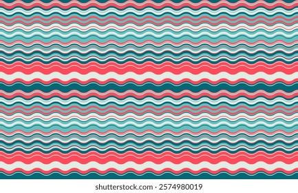 Vibrant wavy stripes in teal, coral, and white create a cheerful, seamless pattern. Ideal for textile design, website backgrounds, or any project needing a playful, summery vibe.