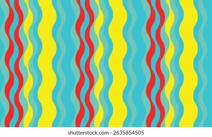 Vibrant, wavy stripes in yellow, turquoise, and red create an energetic, retrostyle pattern perfect for backgrounds, textiles, or website designs.