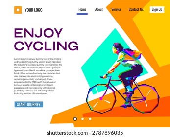 Vibrant web landing page template for cycling and bicycle website in WPAP pop art style, featuring colorful geometric vector illustrations.