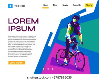 Vibrant web landing page template for cycling and bicycle website in WPAP pop art style, featuring colorful geometric vector illustrations.