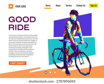 Vibrant web landing page template for cycling and bicycle website in WPAP pop art style, featuring colorful geometric vector illustrations.