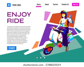 Vibrant web landing page template for classic vintage scooter website in WPAP pop art style, featuring colorful geometric vector illustrations of a rider.