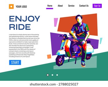 Vibrant web landing page template for classic vintage scooter website in WPAP pop art style, featuring colorful geometric vector illustrations of a rider.