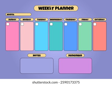 Vibrant weekly planner template with colorful day sections, notes, and reminder boxes on a gradient purple background.