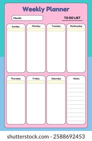 A vibrant weekly planner template with sections for each day of the week, a to-do list, and a notes section for organization.