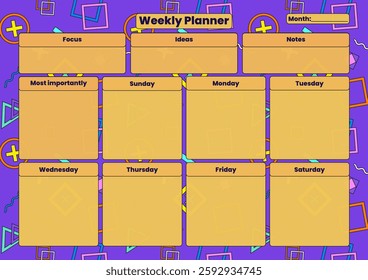 A vibrant weekly planner template with sections for daily tasks, focus, ideas, and notes on a geometric background.