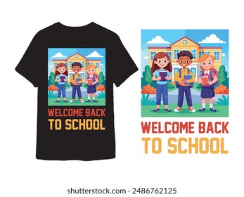 Vibrant 'Welcome Back to School' T-shirt design featuring cheerful colors, playful fonts, and school-themed icons like books, pencils, and apples. Perfect for students and teachers!
