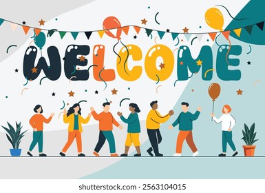 A vibrant Welcome banner for event invites, greeting cards, celebration designs, Welcome parties, networking events, gatherings, school orientations, community events, and Website landing pages.