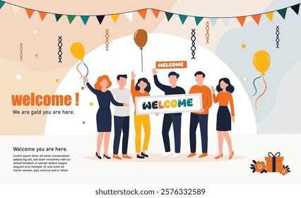 Vibrant welcome celebration illustration featuring a group of people with balloons, banners, and decorations.
 Perfect for events, greetings, invitations, teamwork, community, and festive designs.