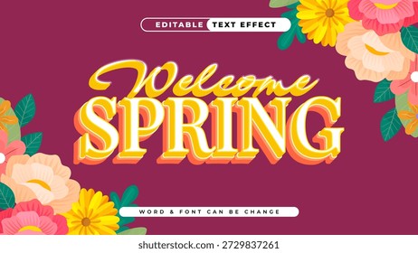 Ilustração vibrante do efeito de texto 'Welcome Spring' com flores floridas coloridas e folhagem exuberante, perfeita para saudações sazonais, convites para eventos e designs festivos