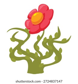 Flor vibrante y caprichosa con una flor roja y un tallo verde único y retorcido, creando una ilustración botánica mágica