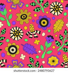 Vibrant Whimsical Flowers Seamless Pattern. Playful hand drawn floral background with funky blossom and leaf. Striped checkered dotted spotted texture. Repeat vector illustration