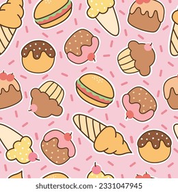 Vibrant and whimsical ice cream illustrations in a cute, hand-drawn flat style. This seamless pattern brings cheerful and playful vibes, perfect for summer designs and festive celebrations