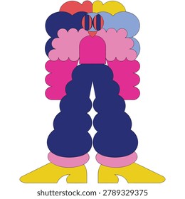 A vibrant and whimsical illustration of an abstract character with bold shapes and bright colors, set against a white background.