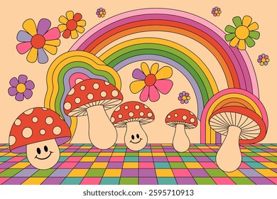 Vibrant Whimsical Illustration of Colorful Mushrooms and a Rainbow in a Cheerful Pastel Setting