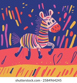 A vibrant and whimsical illustration of a zebra with colorful stripes, happily trotting across a bright, abstract landscape filled with dynamic shapes and colors. 