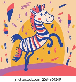 A vibrant and whimsical illustration of a zebra with a colorful striped pattern, joyfully prancing against a cheerful background filled with abstract shapes and colors.
