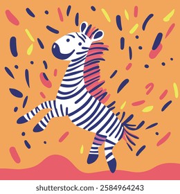 A vibrant and whimsical illustration of a zebra, depicted in a playful pose against a bright orange background filled with colorful splashes. 